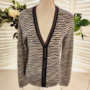 MISSONI MULTI COLOR V NECK KNIT BUTTON UP STRIPE CARDIGAN BROWN BLUE SIZE 10